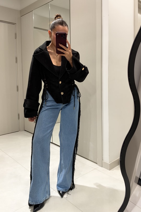 Bowen Yanları Siyah Püskül Detaylı Geniş Paça Jean