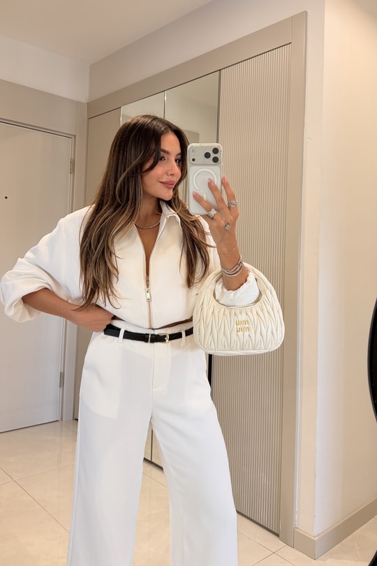 Brewa Beyaz Kemerli Bomber Ceket Pantolon Takım