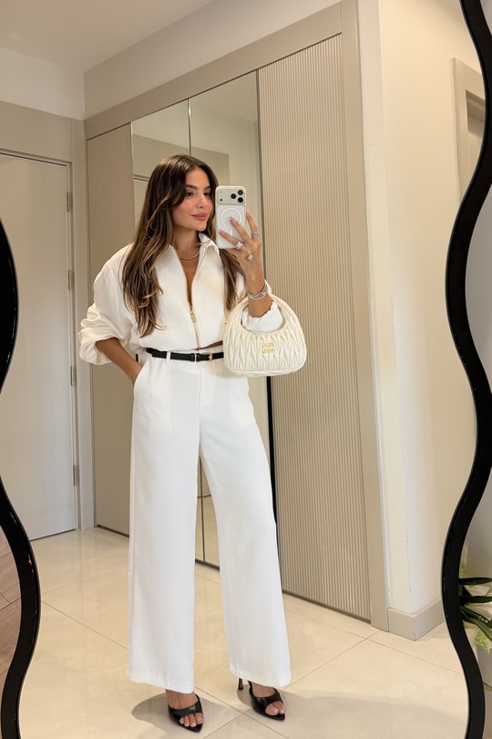 Brewa Beyaz Kemerli Bomber Ceket Pantolon Takım