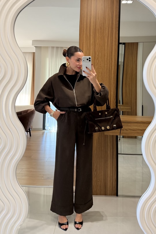 Brewa Kahve Kemerli Bomber Ceket Pantolon Takım