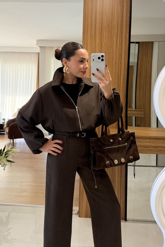 Brewa Kahve Kemerli Bomber Ceket Pantolon Takım