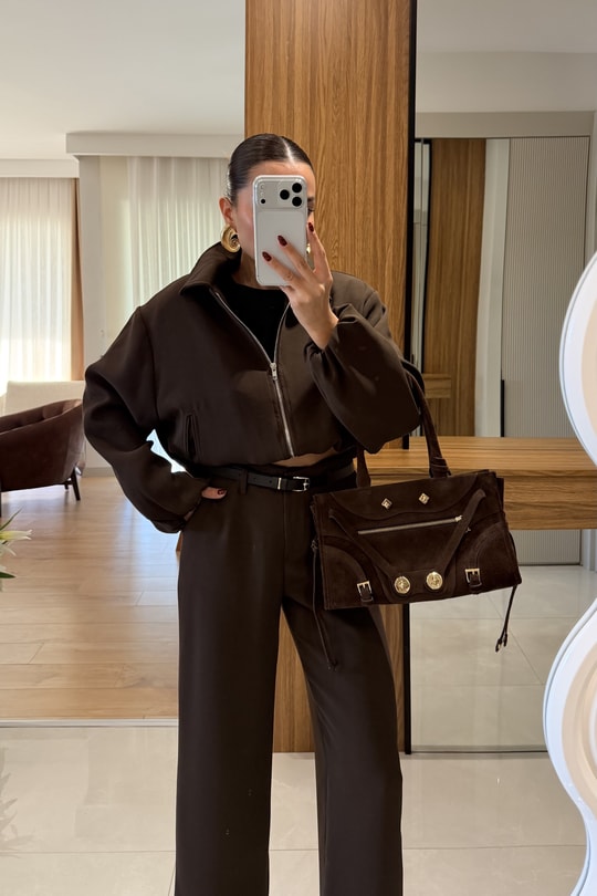 Brewa Kahve Kemerli Bomber Ceket Pantolon Takım
