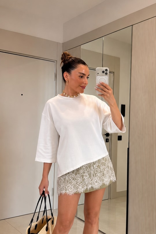 Clean Beyaz Dantel Detaylı Modal Tshirt