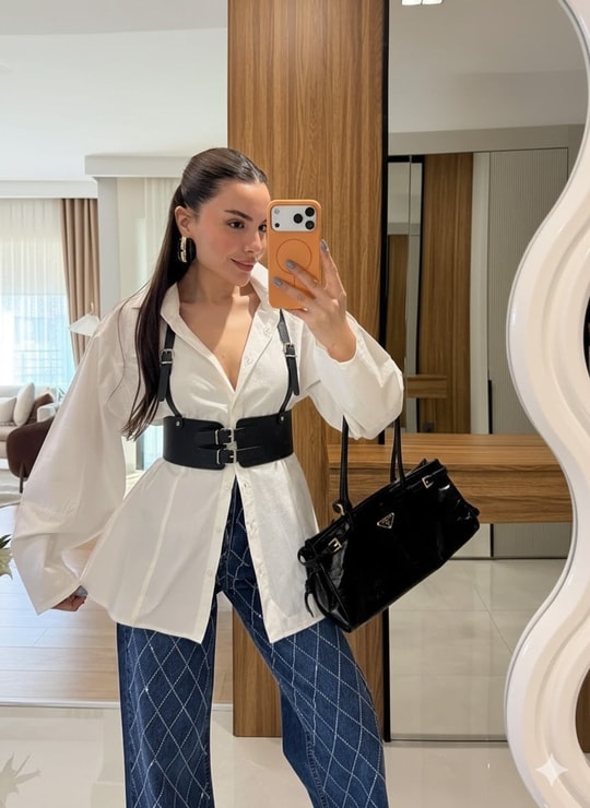 Elior Siyah Çift Tokalı Deri  Korse Kemer