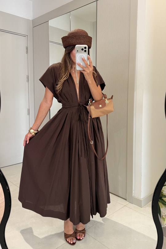 Evelina Kahve Beli Bağlamalı V Yaka Elbise