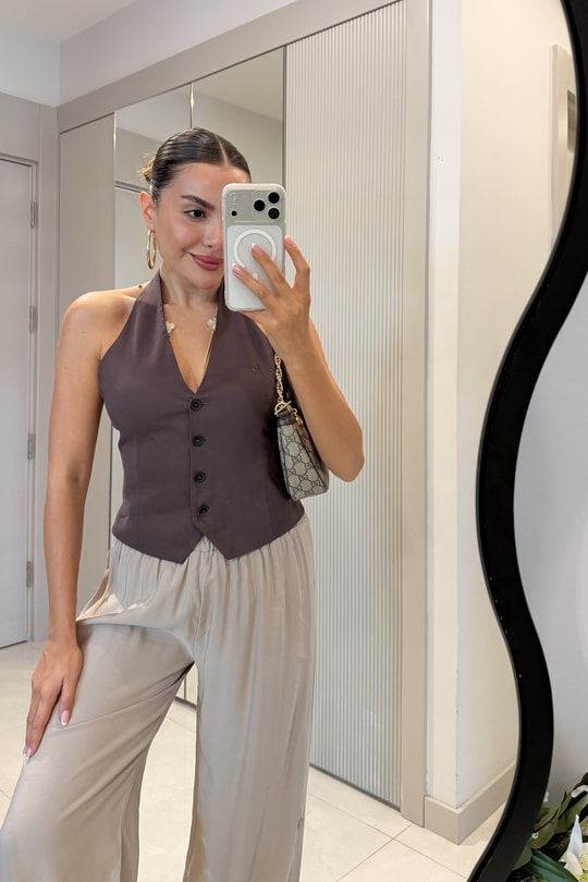 Noir Kahve Halter Yaka Sırt Dekolteli Yelek