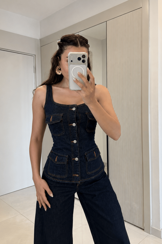 Lance Darkblue Denim Kare Yaka Yelek
