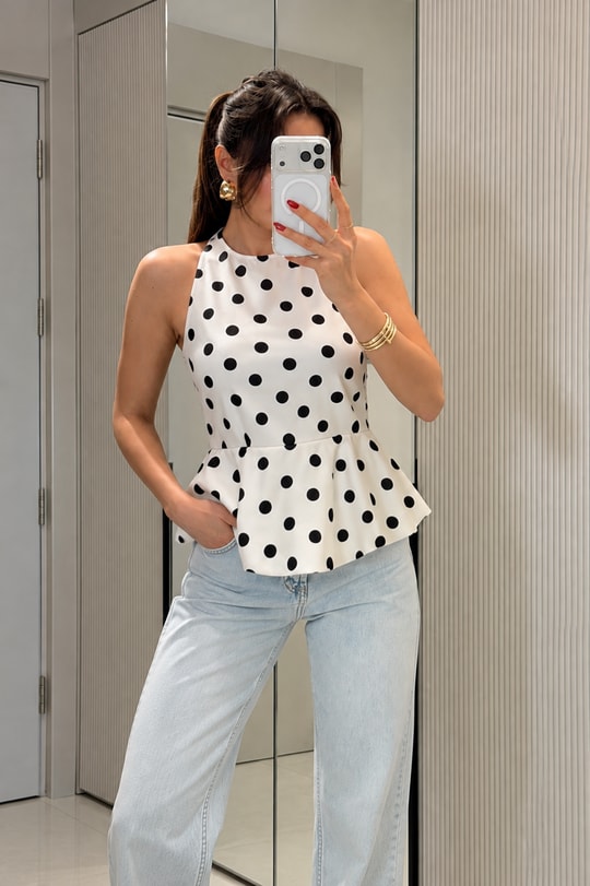 Magy Beyaz Puantiyeli Balon Model Bluz