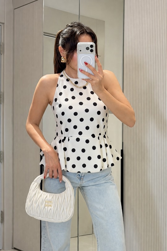 Magy Beyaz Puantiyeli Balon Model Bluz