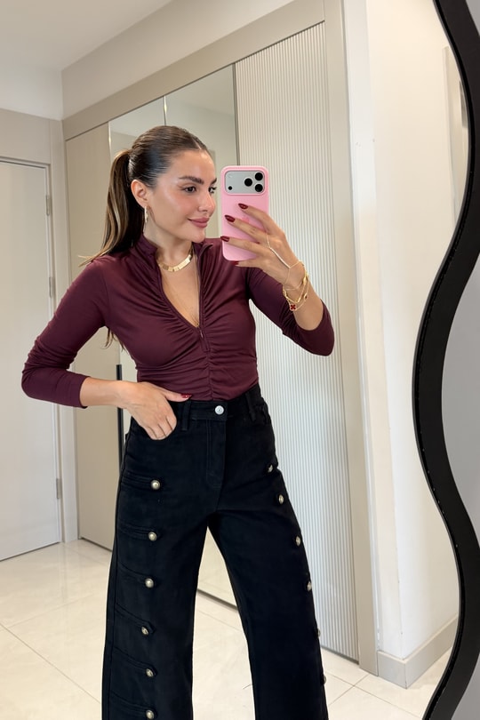 Marcelli Mürdüm Büzgülü Fermuarlı Bluz
