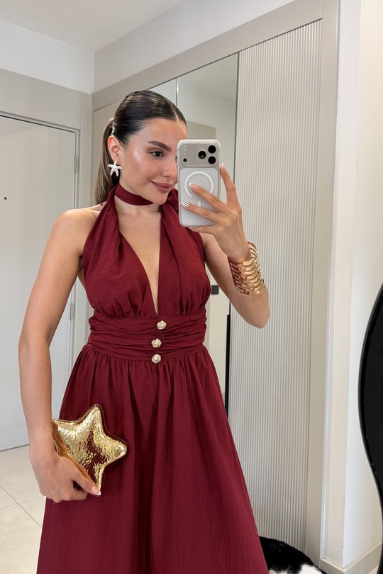 Marsiana Bordo Halter Yaka Gold Düğmeli Elbise