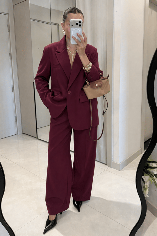 Moka Bordo Oversize Blazer & Palazzo Pantolon Takım