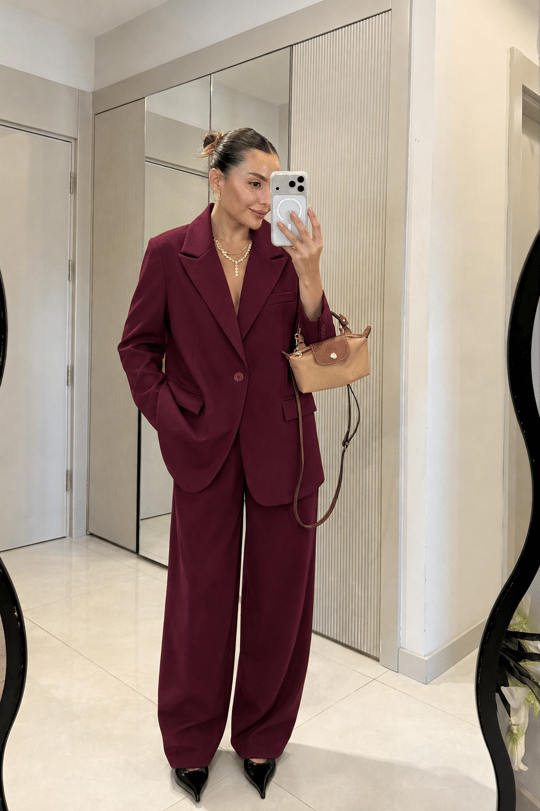 Moka Bordo Oversize Blazer & Palazzo Pantolon Takım
