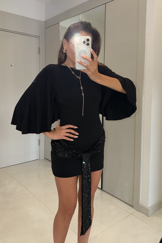 Sequin Siyah Payet Kuşaklı Sırt Dekolteli Elbise