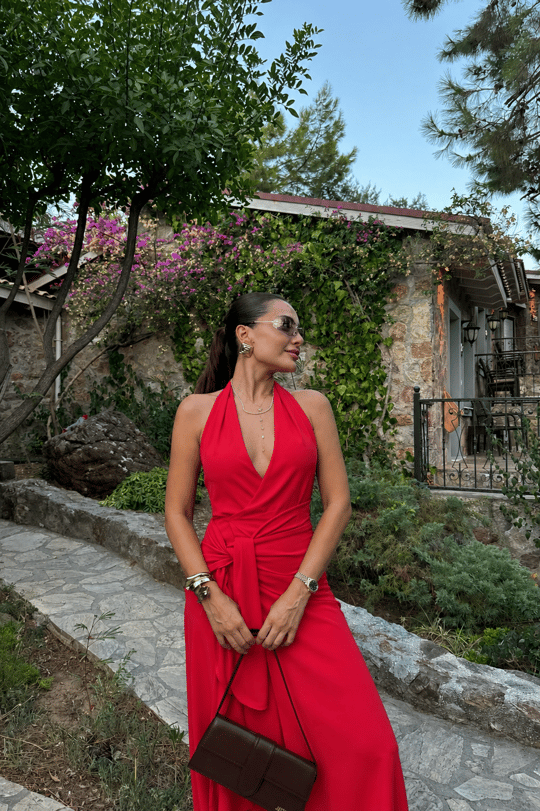 Solene Kırmızı Bel Bağlamalı Keten Elbise