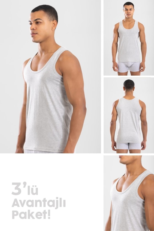 Erkek Pamuklu Klasik Regular Düz  Atlet 3'lü Paket Gri Melanj