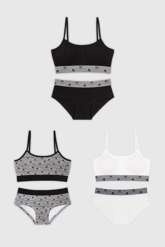 Genç Kız Pamuklu Desenli İnce İp Askılı Büstiyer Bikini Külot Takımı 3lü Paket 7600 Renkli
