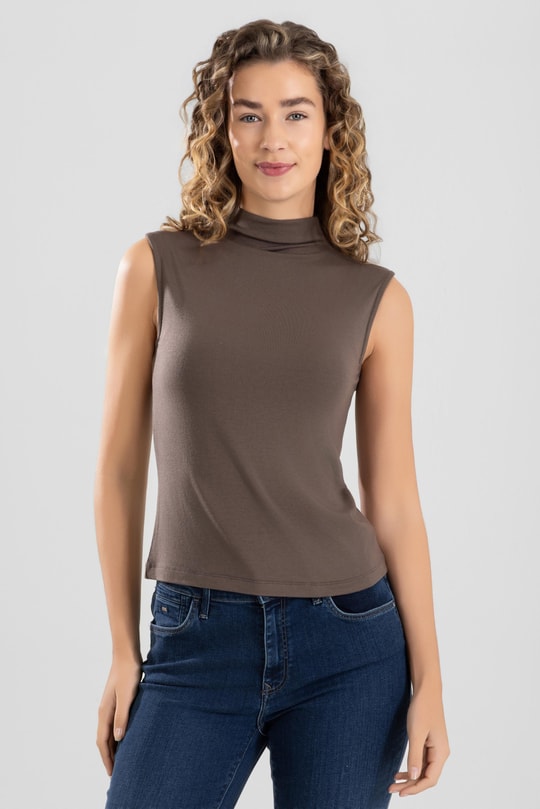 Kadın Modal Likralı Yarım Balıkçı Yaka Sıfır Kol Body 6316 Kahve