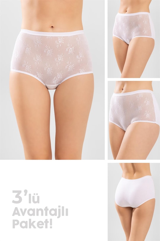 Kadın Pamuklu Dantelli Düz Bato Külot 3'lü Paket Beyaz