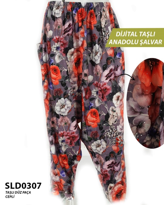 Taş İşlemeli DİJİTAL Baskılı viskon Düz Paça Anadolu Şalvar (Cepli) SLD0307-1408SLD0307
