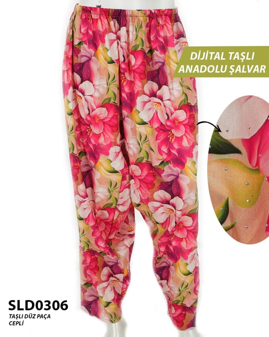 Taş İşlemeli DİJİTAL Baskılı viskon Düz Paça Anadolu Şalvar (Cepli) SLD0306-1407SLD0306
