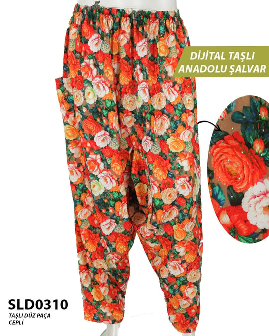 Taş İşlemeli DİJİTAL Baskılı viskon Düz Paça Anadolu Şalvar (Cepli) SLD0310-1411SLD0310