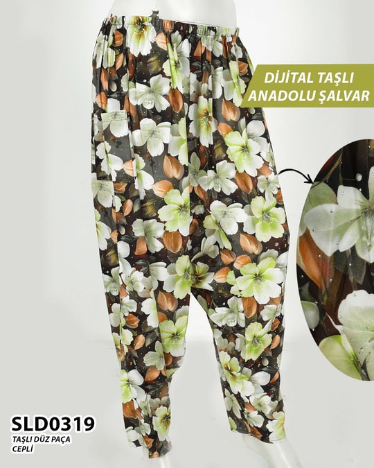 Taş İşlemeli DİJİTAL Baskılı viskon Düz Paça Anadolu Şalvar (Cepli) SLD0319-1428SLD0319