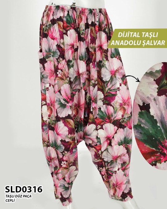 Taş İşlemeli DİJİTAL Baskılı viskon Düz Paça Anadolu Şalvar (Cepli) SLD0316-1423SLD0316