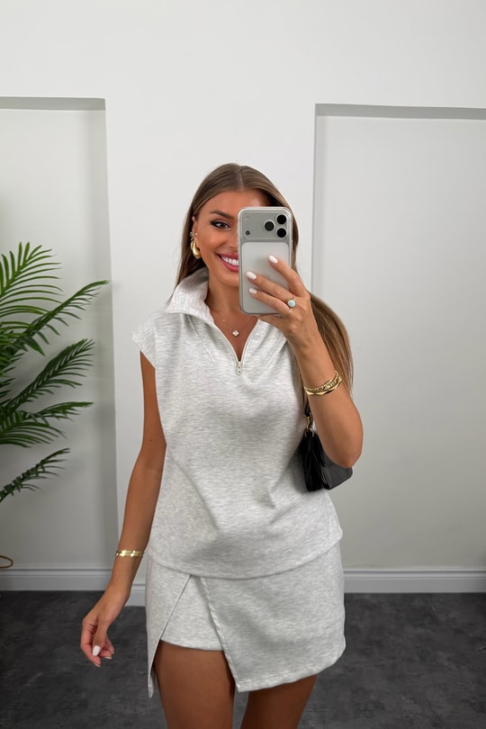 Oyhs Kumaş Şort Etek Bluz Likralı Takım Gri Melanj