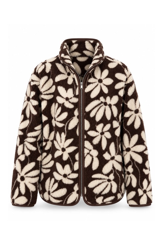 Oysh Model Polar Ceket Kahve Krem Çiçekli