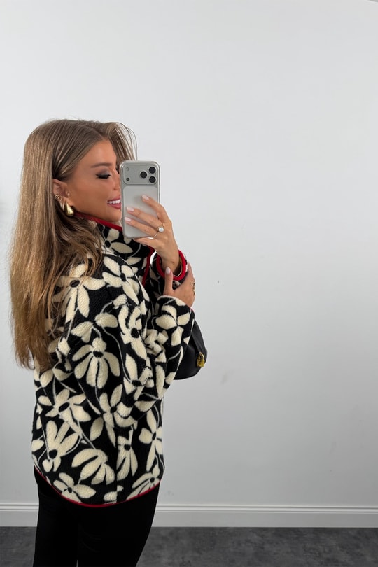 Oysh Model Polar Ceket Kırmızı Biyeli Siyah Krem Çiçek