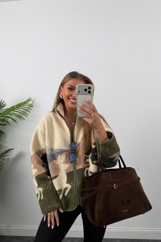 Oysh Model Polar Ceket Yeşil Krem Çift Geyikli
