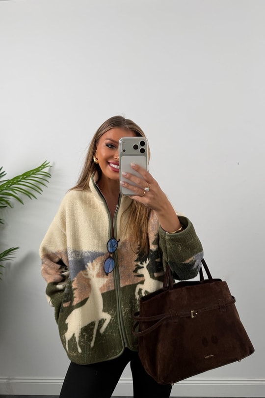 Oysh Model Polar Ceket Yeşil Krem Çift Geyikli