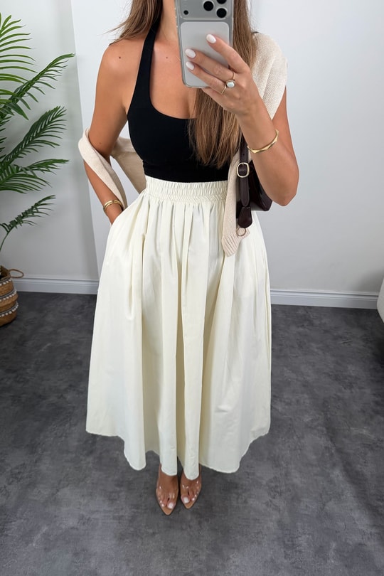 Pamuk Poplin Maxi Boy Basic Etek Krem