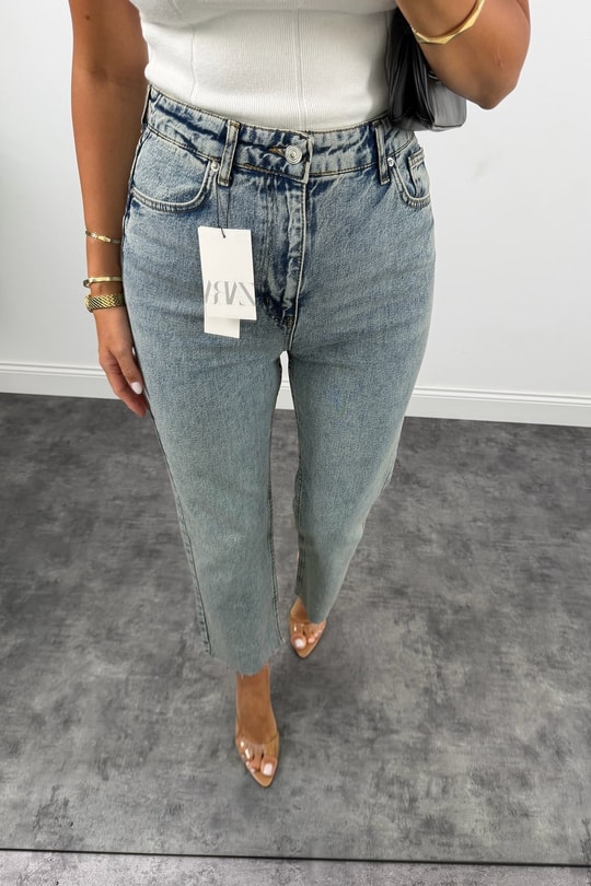 Premium Kalite Paçası Kesik Toparlayıcı Boyfit Jean Vintage Mavi 1018   
