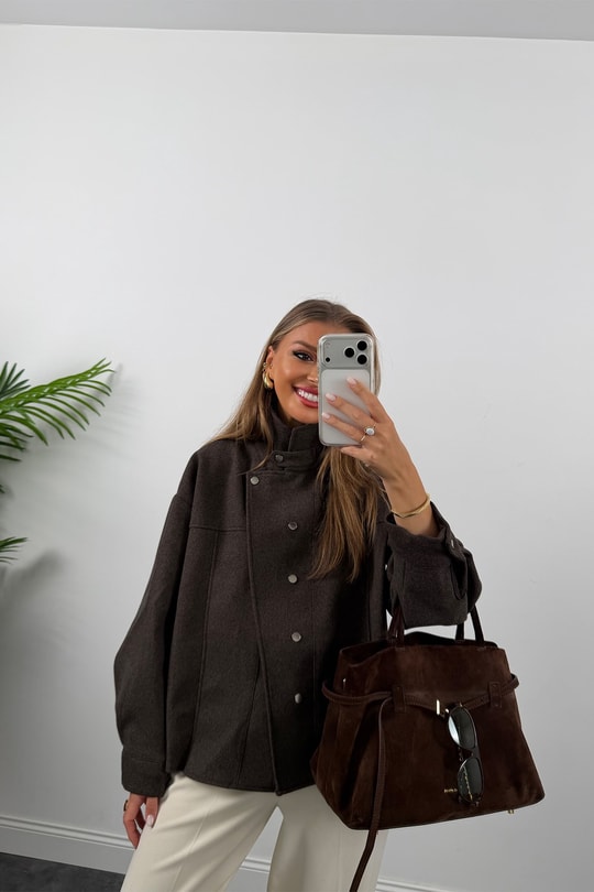 Premium Seri Dik Yaka Çıtçıtlı Kaşe Ceket Koyu Kahve