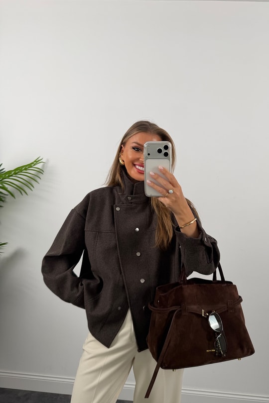 Premium Seri Dik Yaka Çıtçıtlı Kaşe Ceket Koyu Kahve