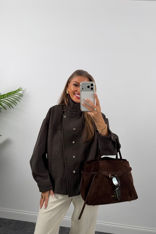 Premium Seri Dik Yaka Çıtçıtlı Kaşe Ceket Koyu Kahve