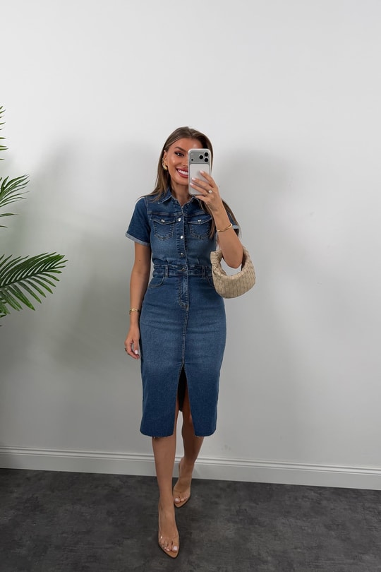 Premium Seri Kısa Kol Likralı Midi Boy Jean Elbise 