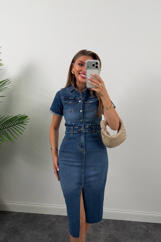 Premium Seri Kısa Kol Likralı Midi Boy Jean Elbise 