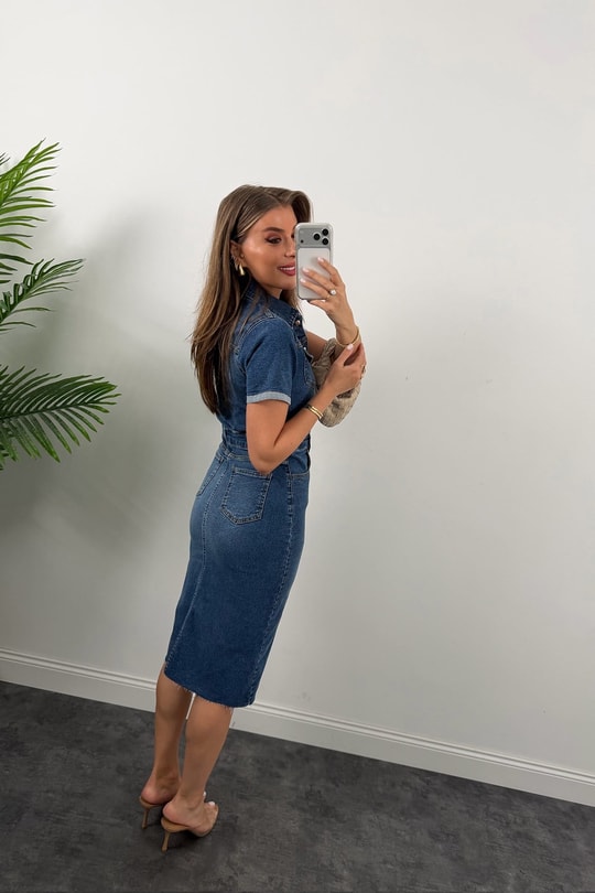 Premium Seri Kısa Kol Likralı Midi Boy Jean Elbise 