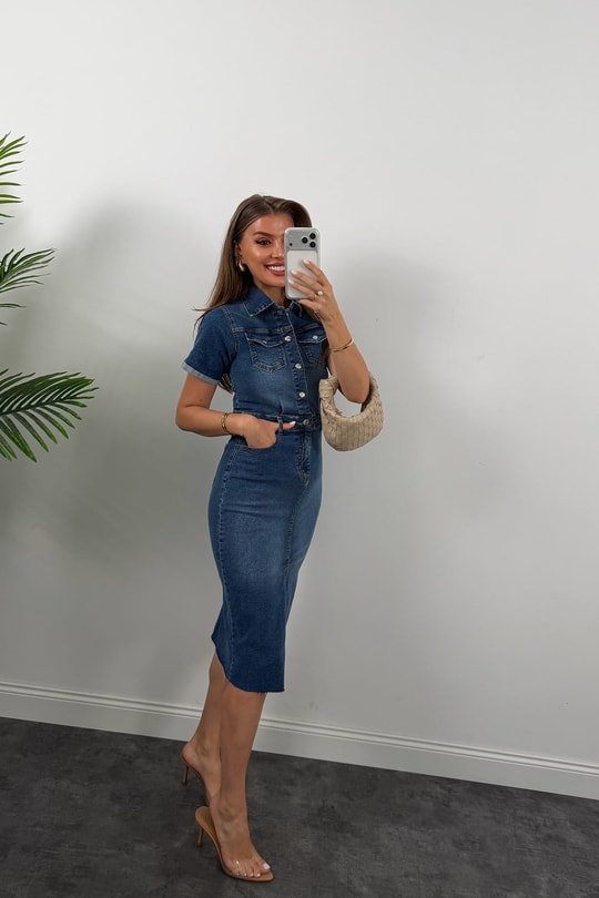 Premium Seri Kısa Kol Likralı Midi Boy Jean Elbise 