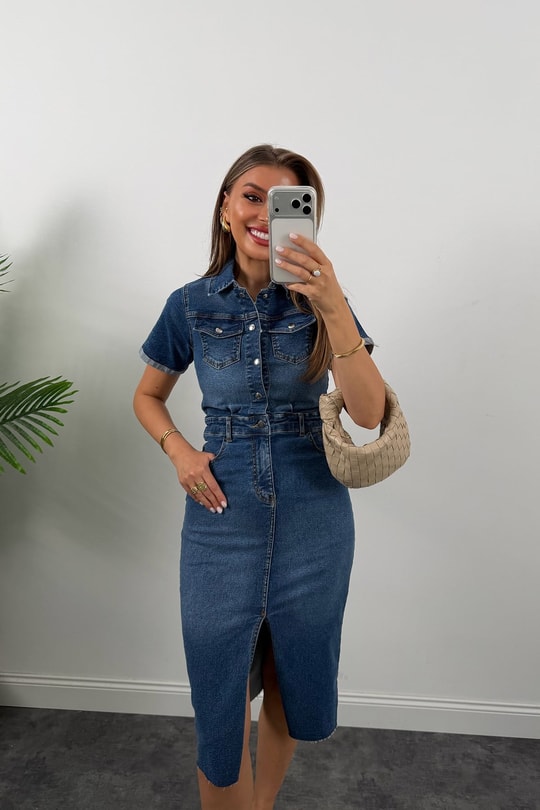 Premium Seri Kısa Kol Likralı Midi Boy Jean Elbise 