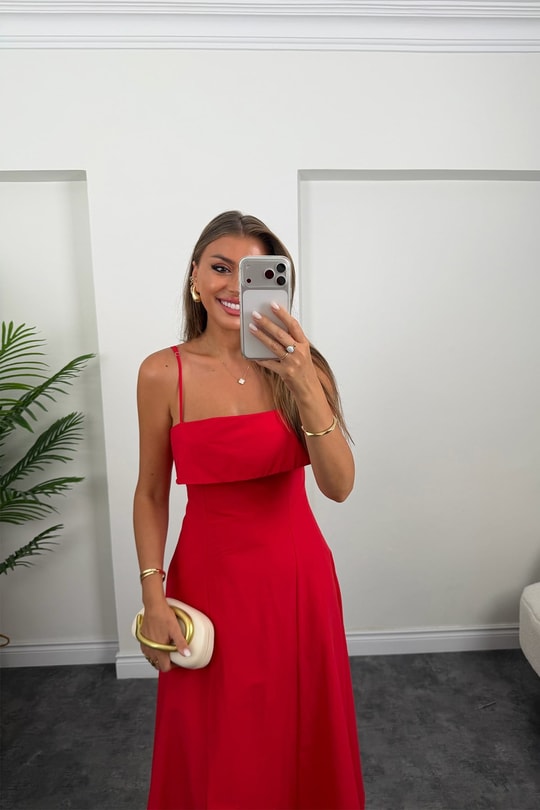 Premium Seri Midi Boy İp Askılı Kloş Elbise Kırmızı