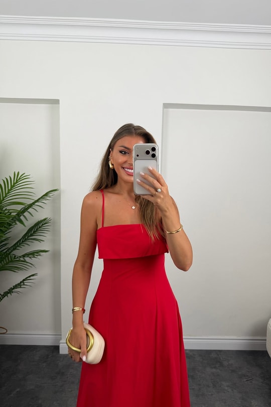 Premium Seri Midi Boy İp Askılı Kloş Elbise Kırmızı