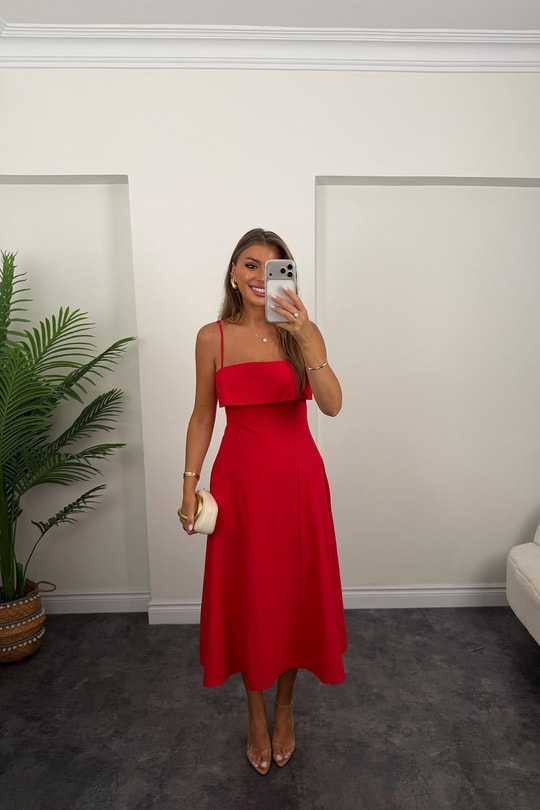 Premium Seri Midi Boy İp Askılı Kloş Elbise Kırmızı