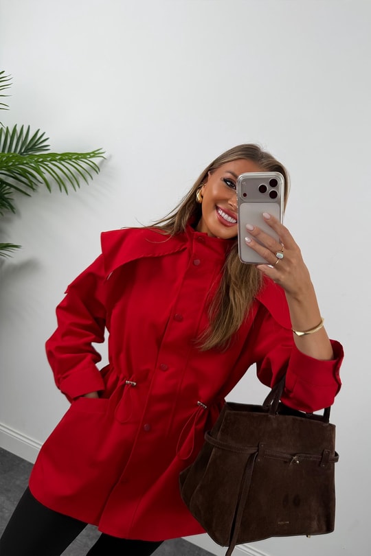 Premium Seri Parka Model Beli Büzgülü Trençkot Kırmızı