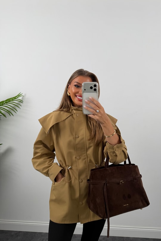 Premium Seri Parka Model Beli Büzgülü Trençkot Camel