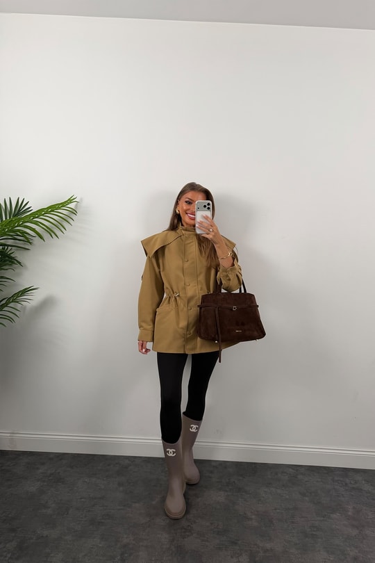 Premium Seri Parka Model Beli Büzgülü Trençkot Camel