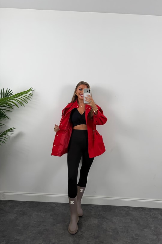 Premium Seri Parka Model Beli Büzgülü Trençkot Kırmızı